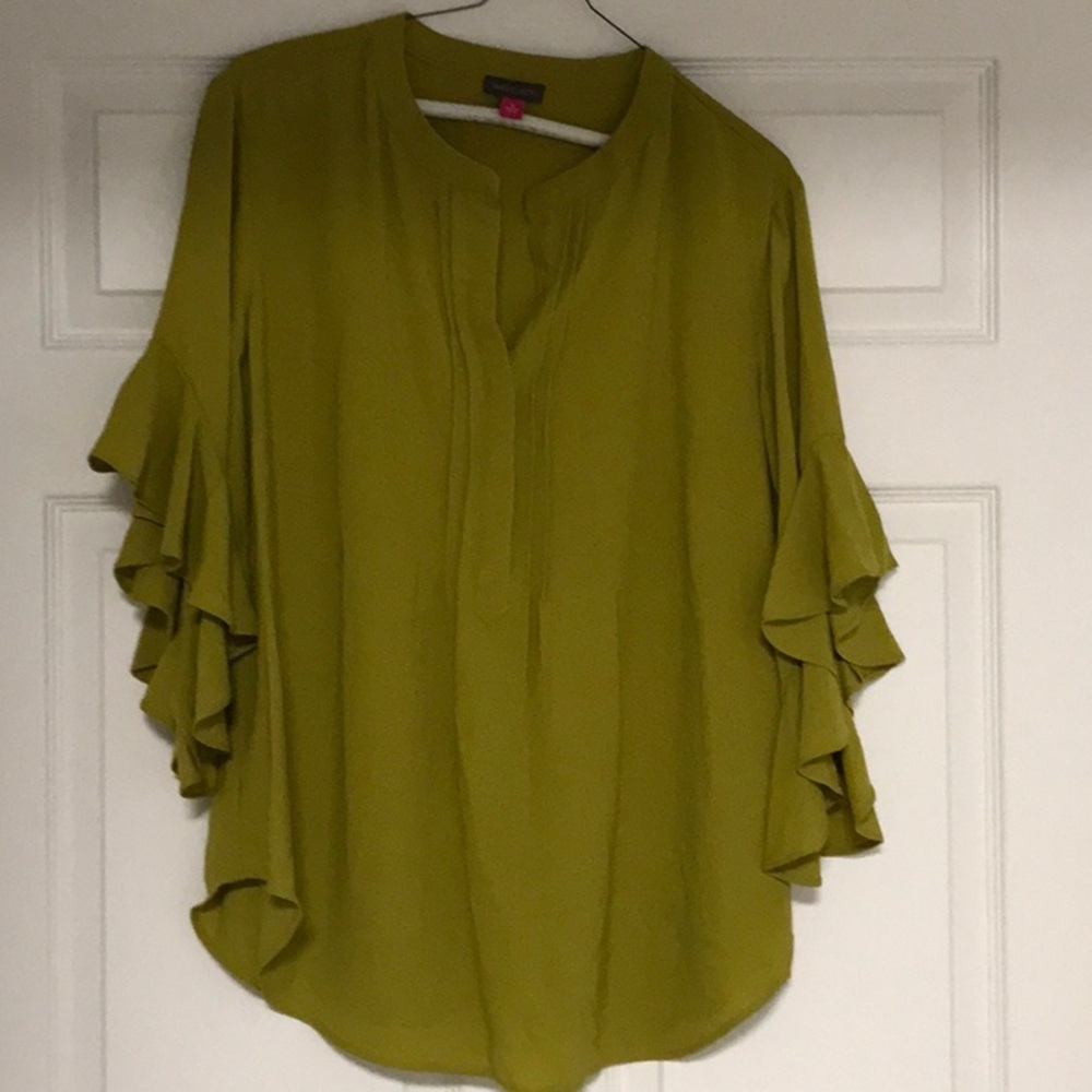 Vince Camuto Ruffled Sleeve Blouse in Olive Green approx 29” long